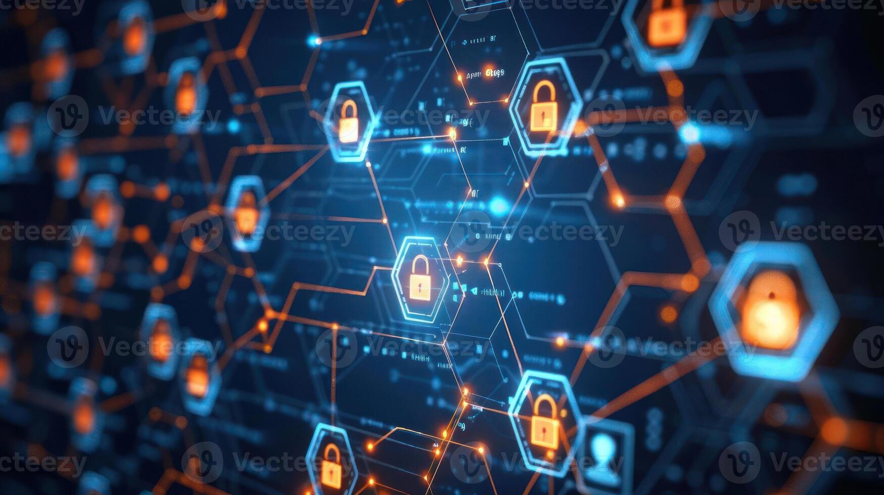 Digital network security illustration with interconnected nodes and padlocks representing cybersecurity photo