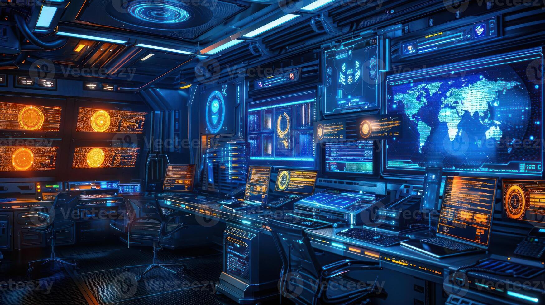 Futuristic control room with advanced technology displays, monitors, and ambient lighting photo