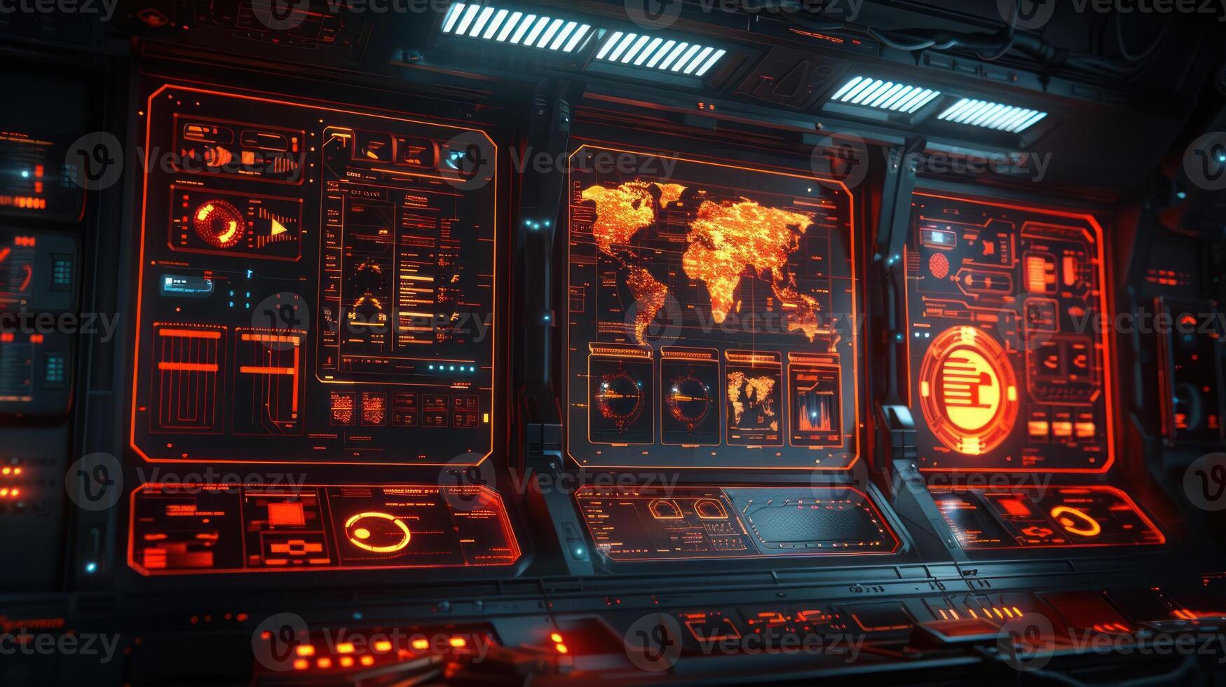 Futuristic control room with glowing screens displaying world map and data analytics photo