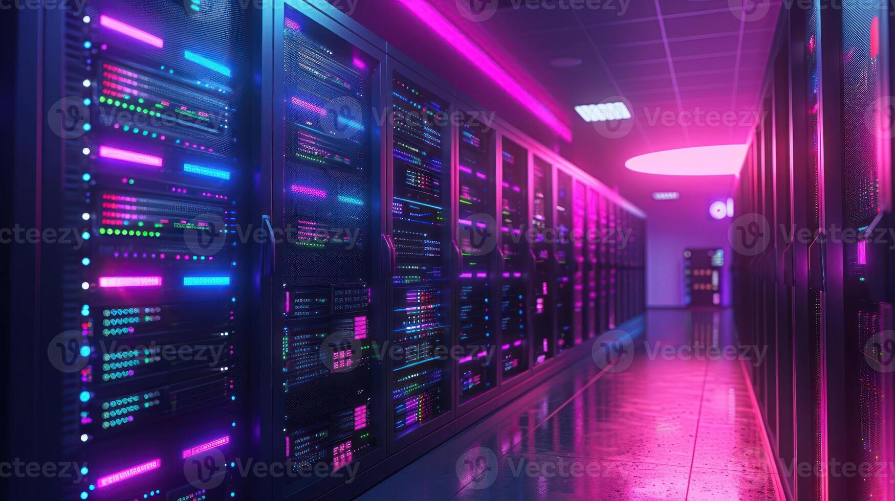 Futuristic data center with glowing servers and vibrant lighting, showcasing advanced technology photo