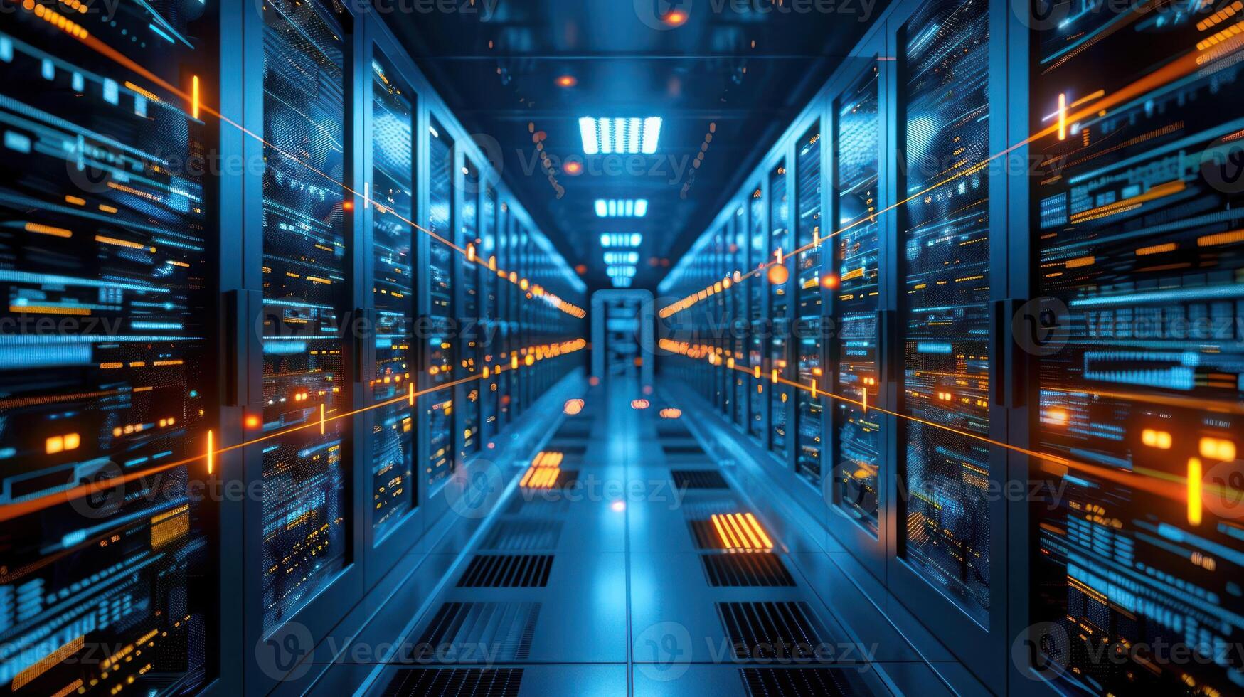 Futuristic data center corridor illuminated with blue and orange lights, showcasing advanced technology photo