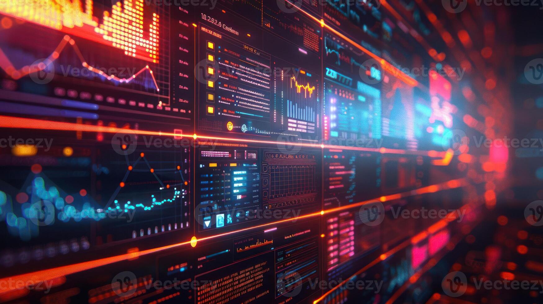 Futuristic data visualization interface showcasing vibrant analytics and metrics in a digital environment photo