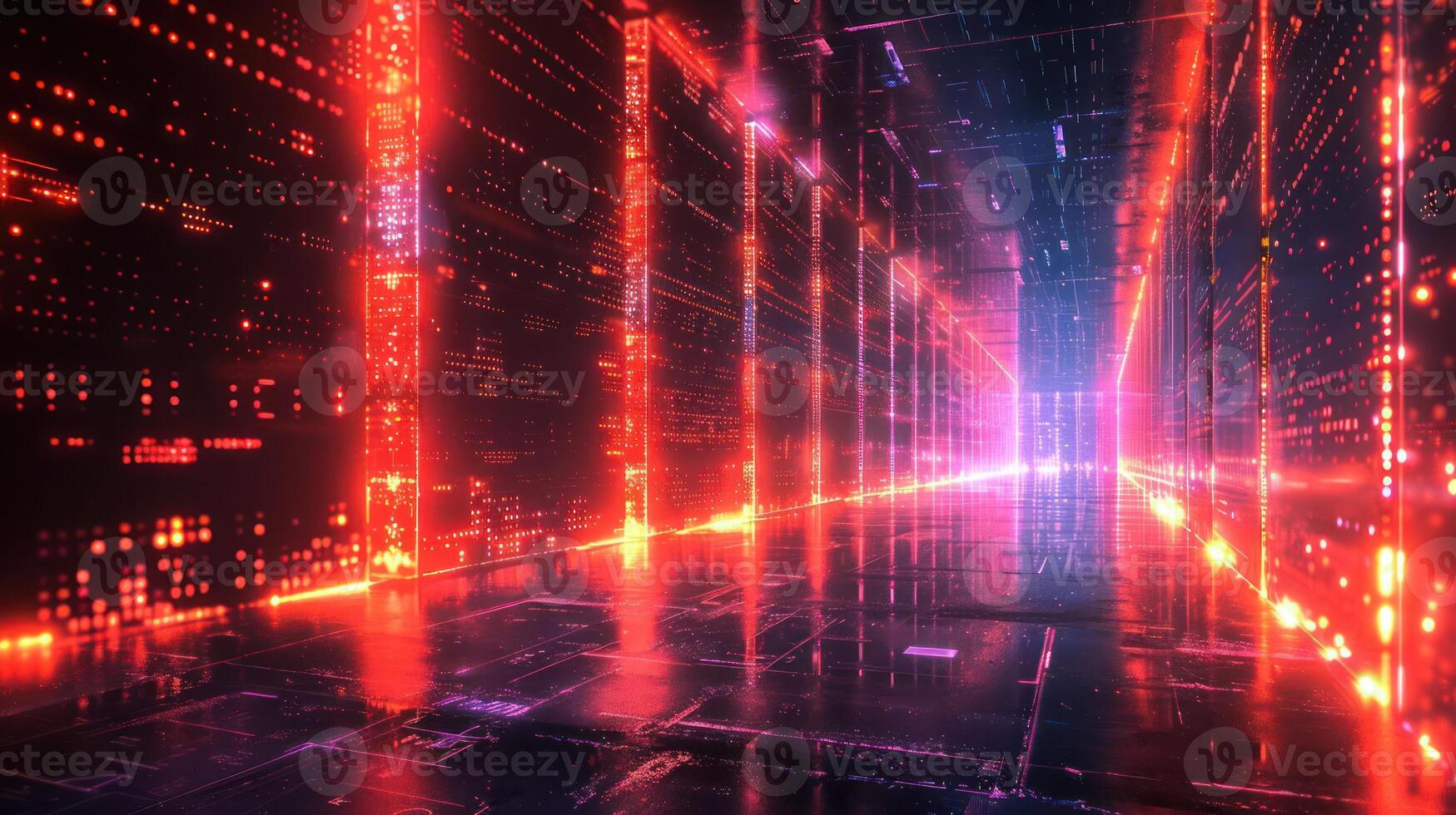 Futuristic digital corridor illuminated by glowing neon lights with a reflective floor, showcasing technology photo