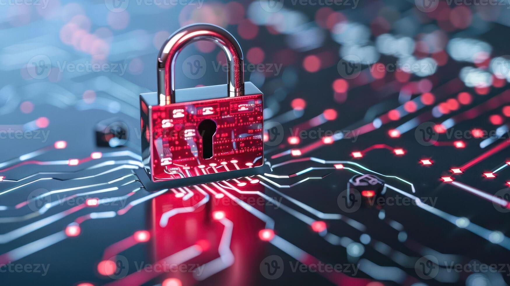 Digital security lock on a circuit board background, symbolizing cybersecurity and protection photo