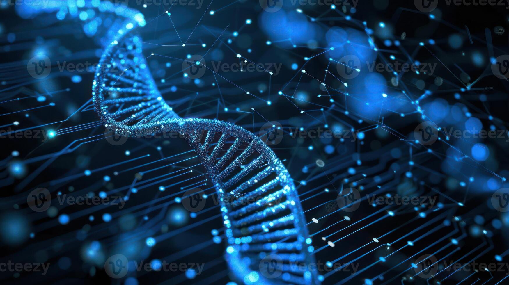 Abstract representation of DNA strand with glowing blue particles and connections in a dark background photo