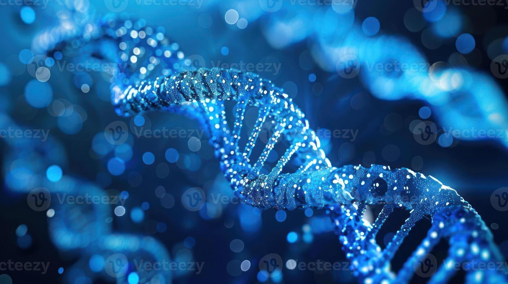 Abstract representation of a DNA double helix illuminated by blue light against a blurred background photo