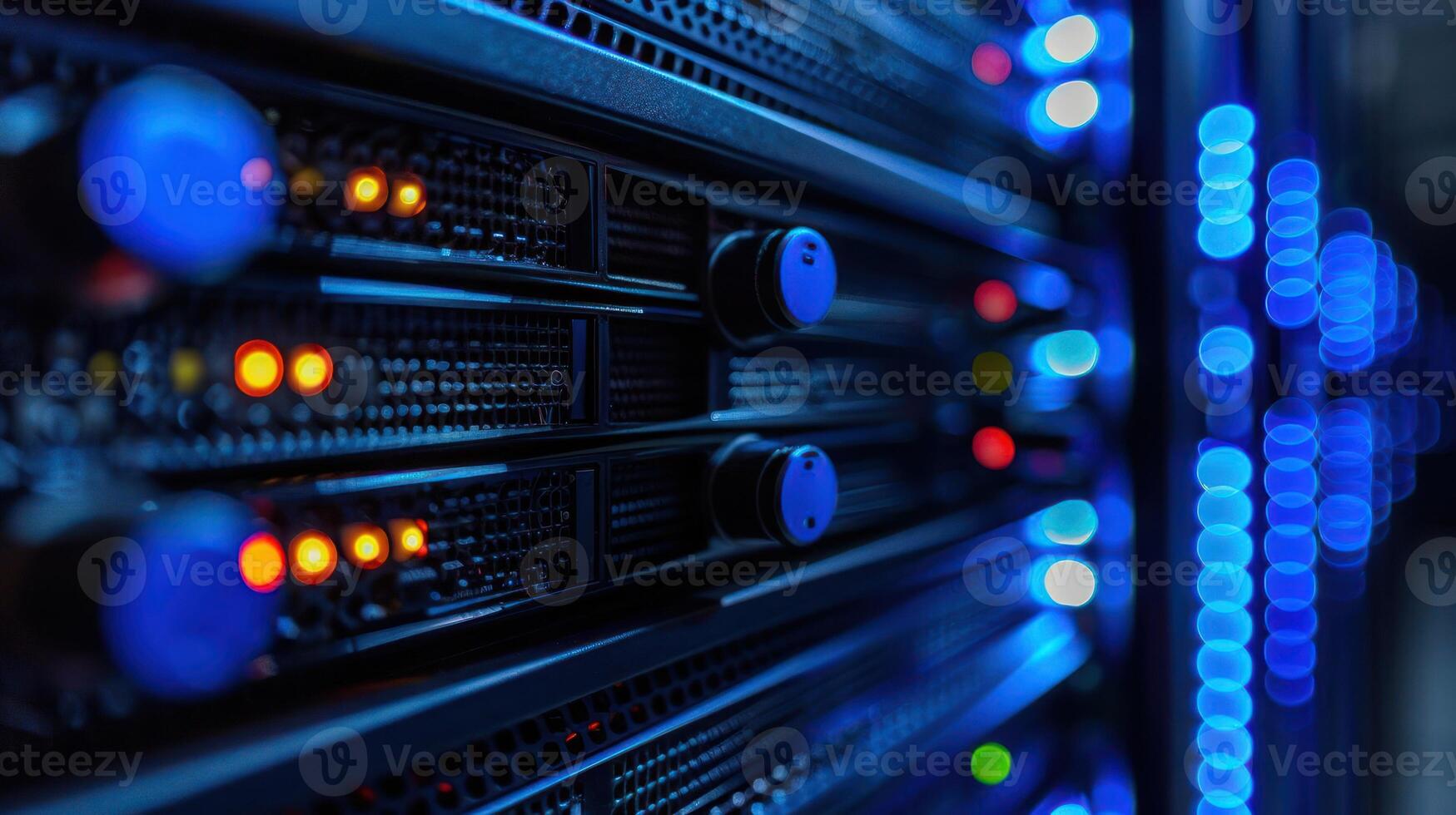 Close-up of illuminated server racks showcasing technology in a data center environment photo