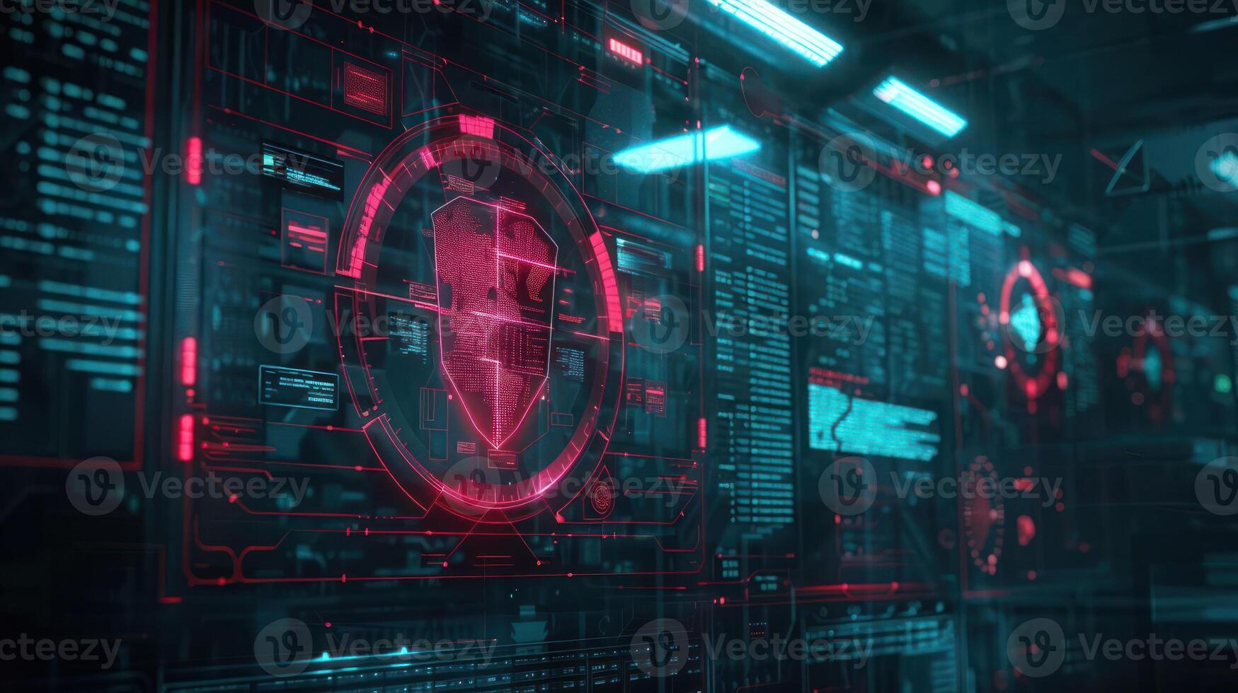 Futuristic digital interface showcasing security monitoring with vibrant red and blue elements photo