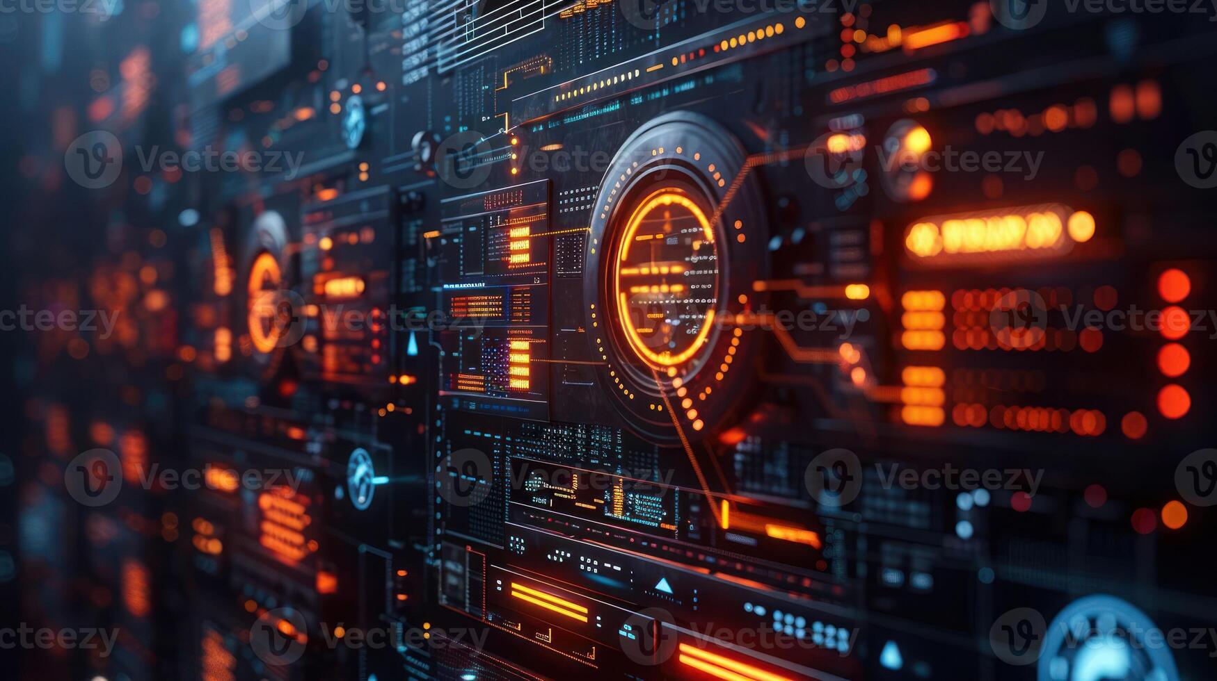 Futuristic digital interface with glowing elements and intricate patterns in a high-tech environment photo