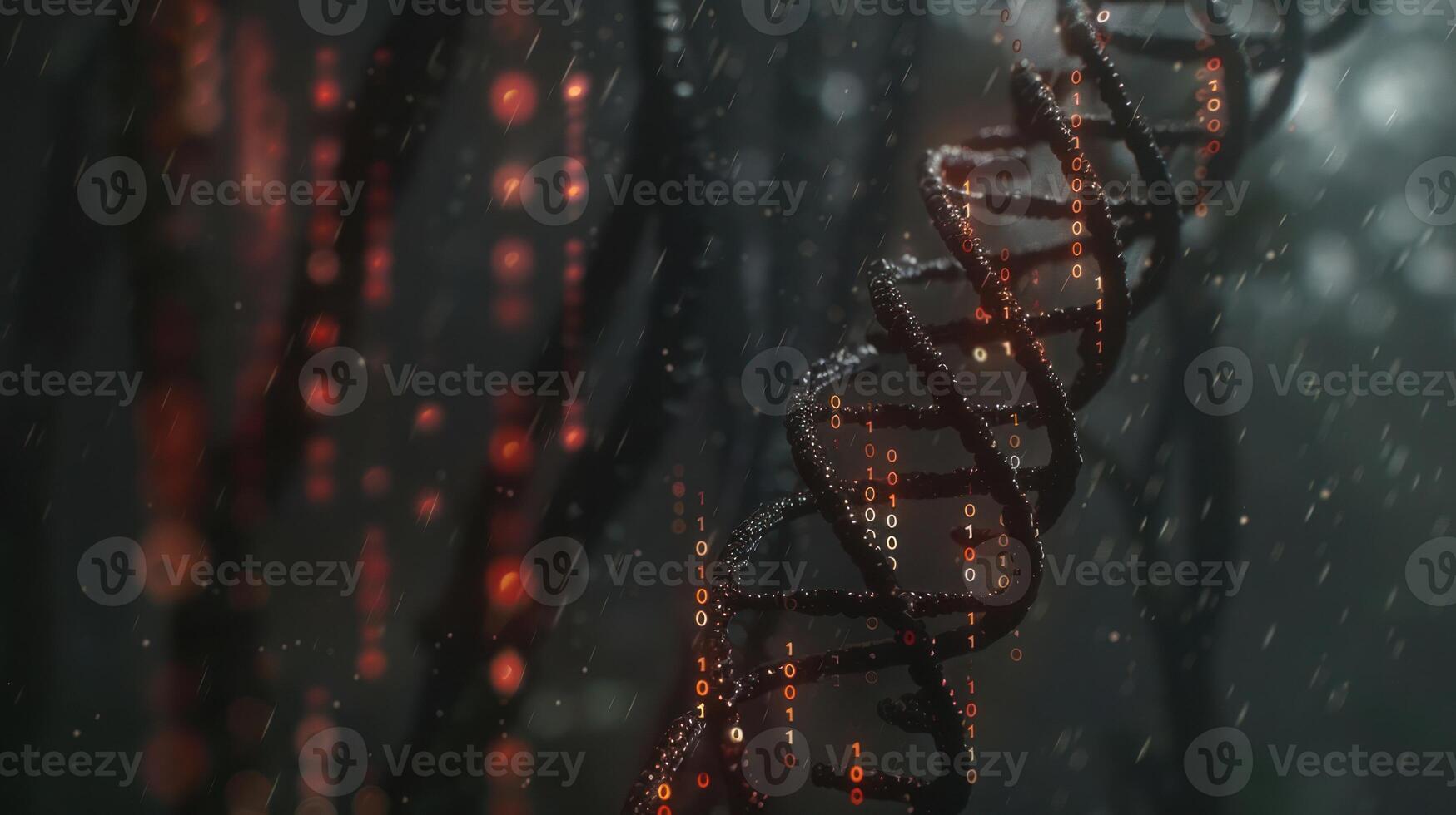 Abstract representation of DNA strands intertwined in a rainy, dark forest environment photo