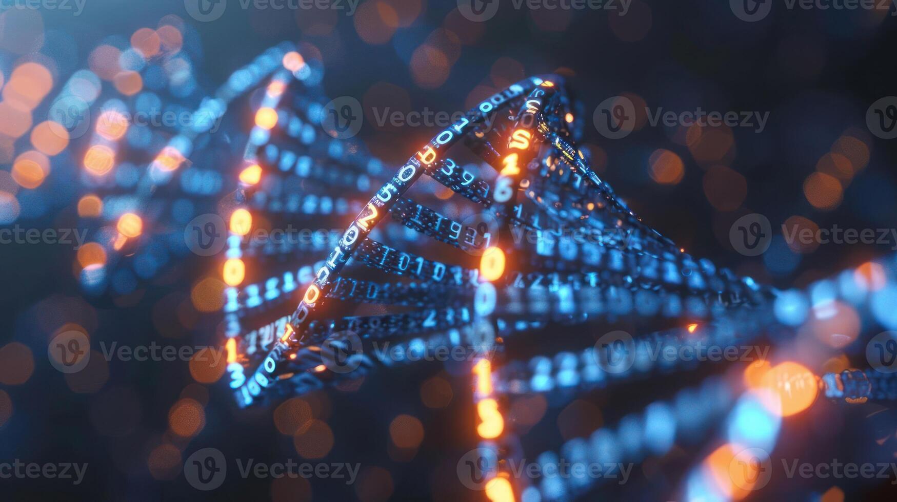 Abstract representation of DNA strands intertwined with glowing binary code in a digital environment photo