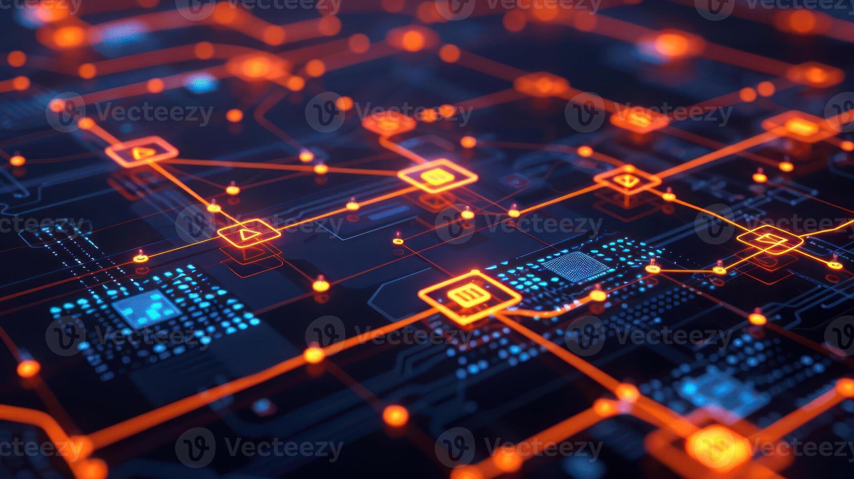 Abstract digital circuit board with glowing orange lines and nodes against a dark background photo