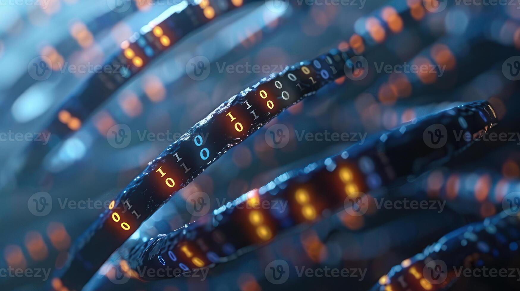 Abstract representation of digital data flow with glowing binary code in a futuristic environment photo