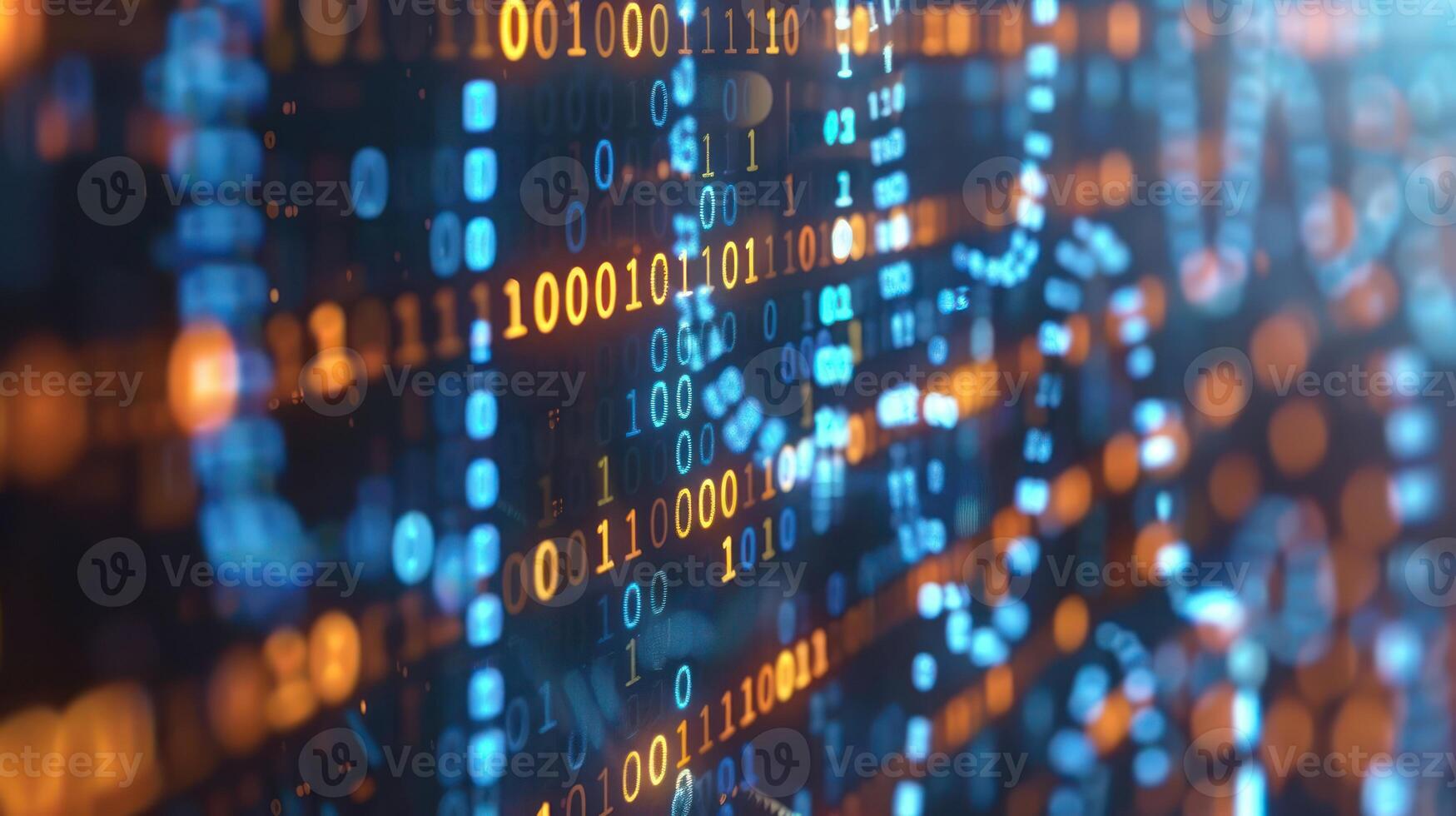 Abstract representation of binary code and data visualization with glowing elements in a digital environment photo