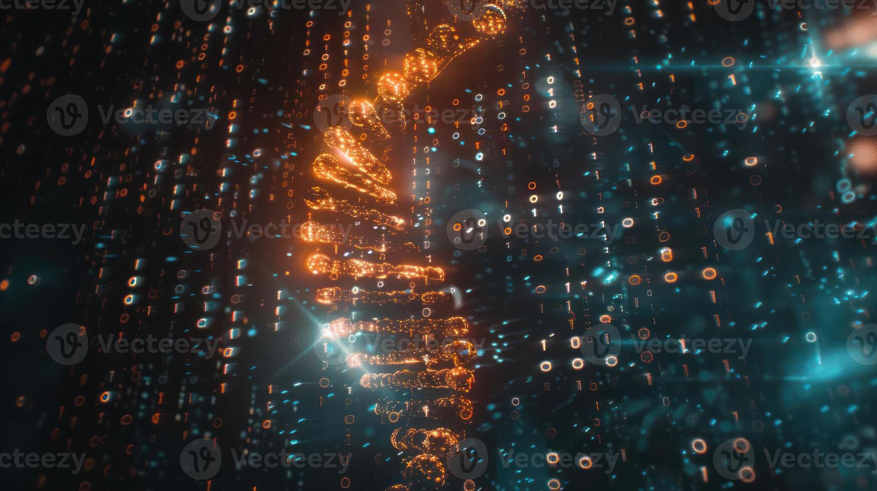 Abstract representation of a DNA helix formed by luminous particles in a digital environment photo