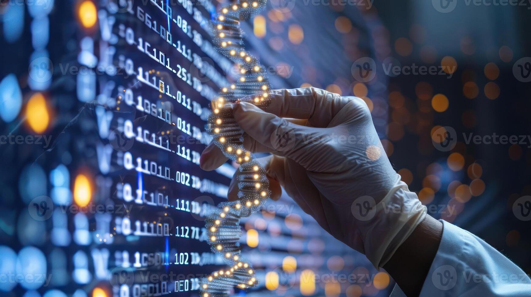 Scientist analyzing DNA strands on a digital screen with glowing data in a lab environment photo
