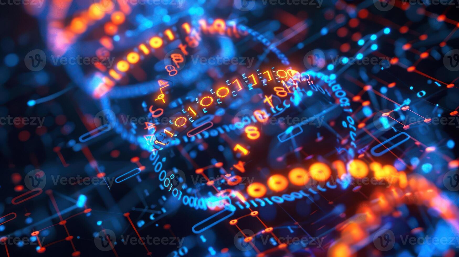 Abstract representation of digital DNA strands with glowing binary code against a dark background photo