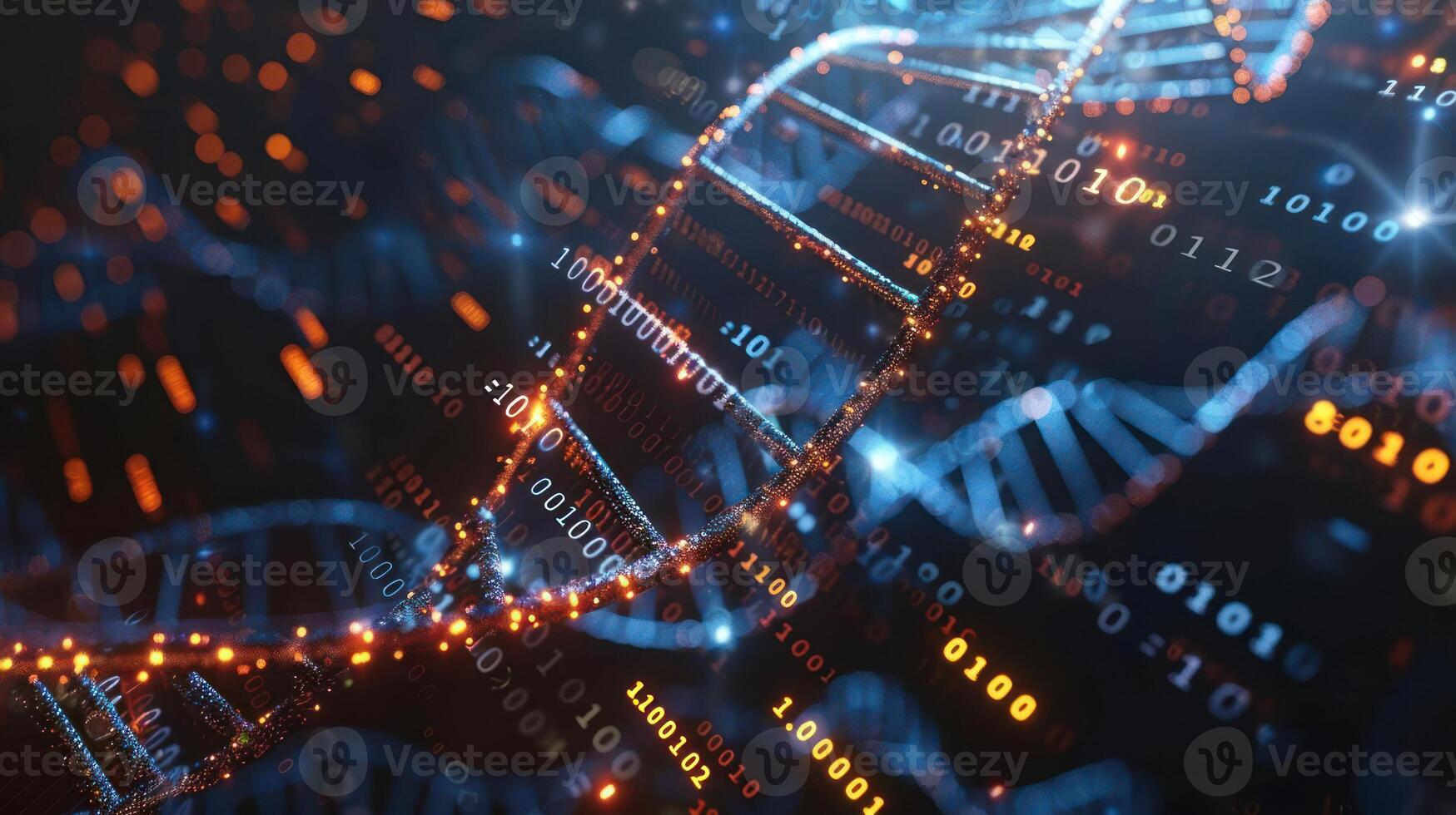 Abstract representation of DNA strands intertwined with binary code, symbolizing genetic data analysis photo