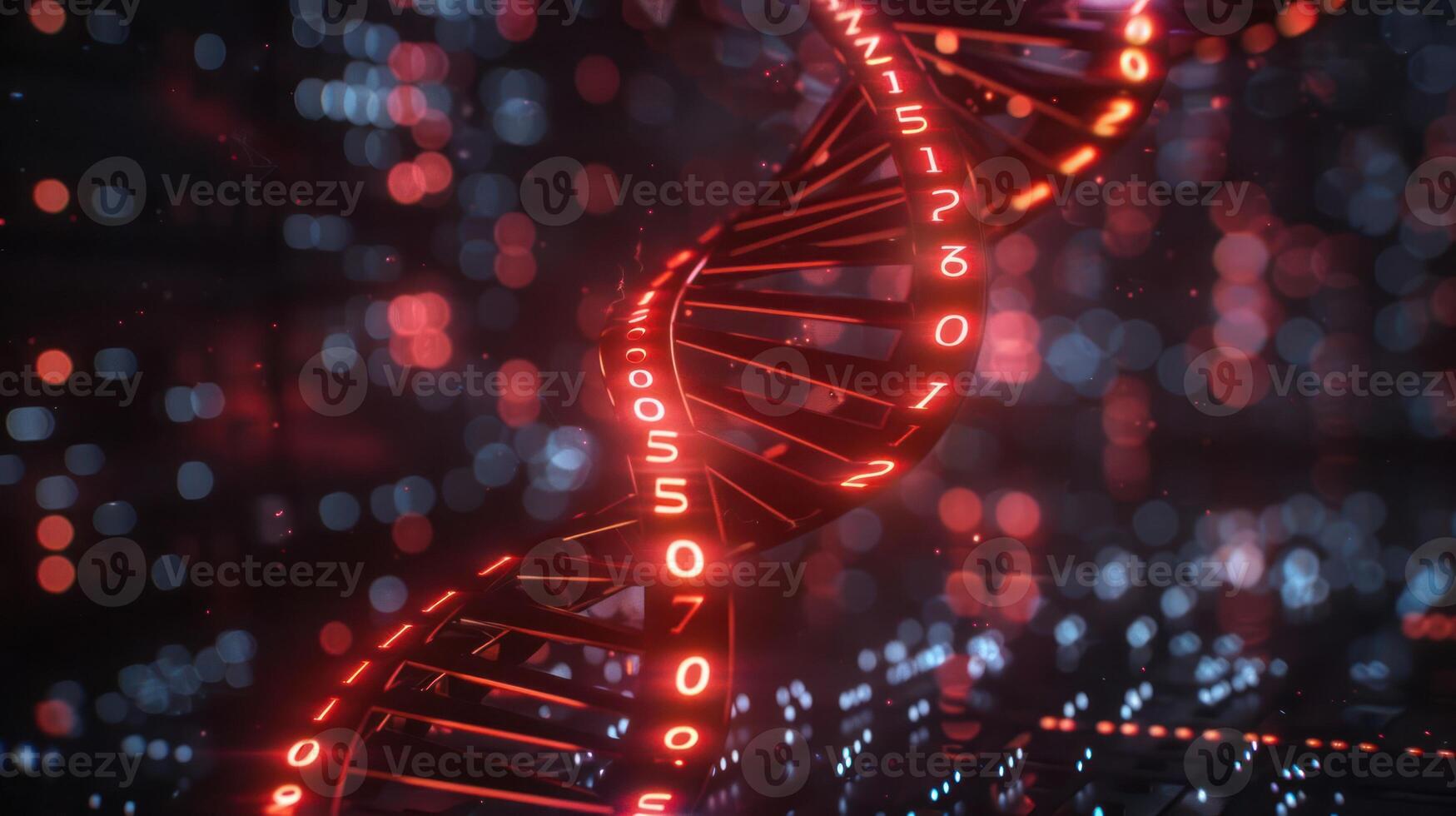 Abstract visualization of DNA structure with glowing red elements and binary code in a digital environment photo
