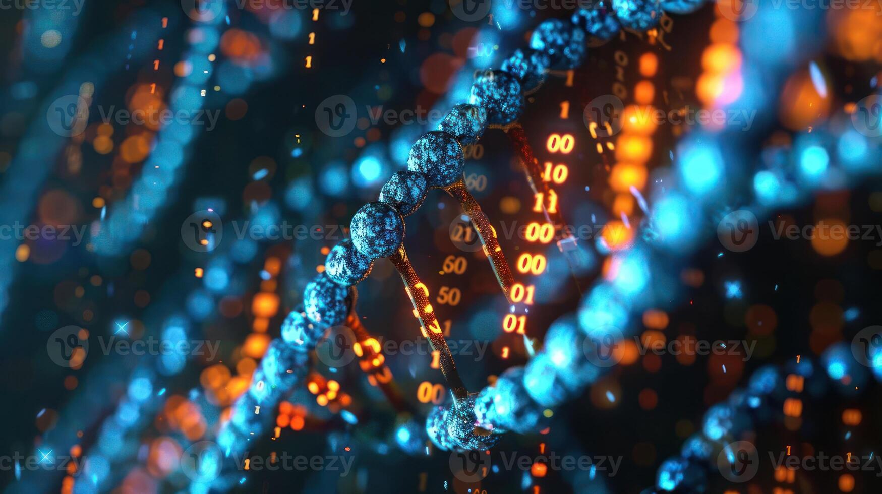 Abstract visualization of DNA structure intertwined with binary code, representing genetic data analysis photo
