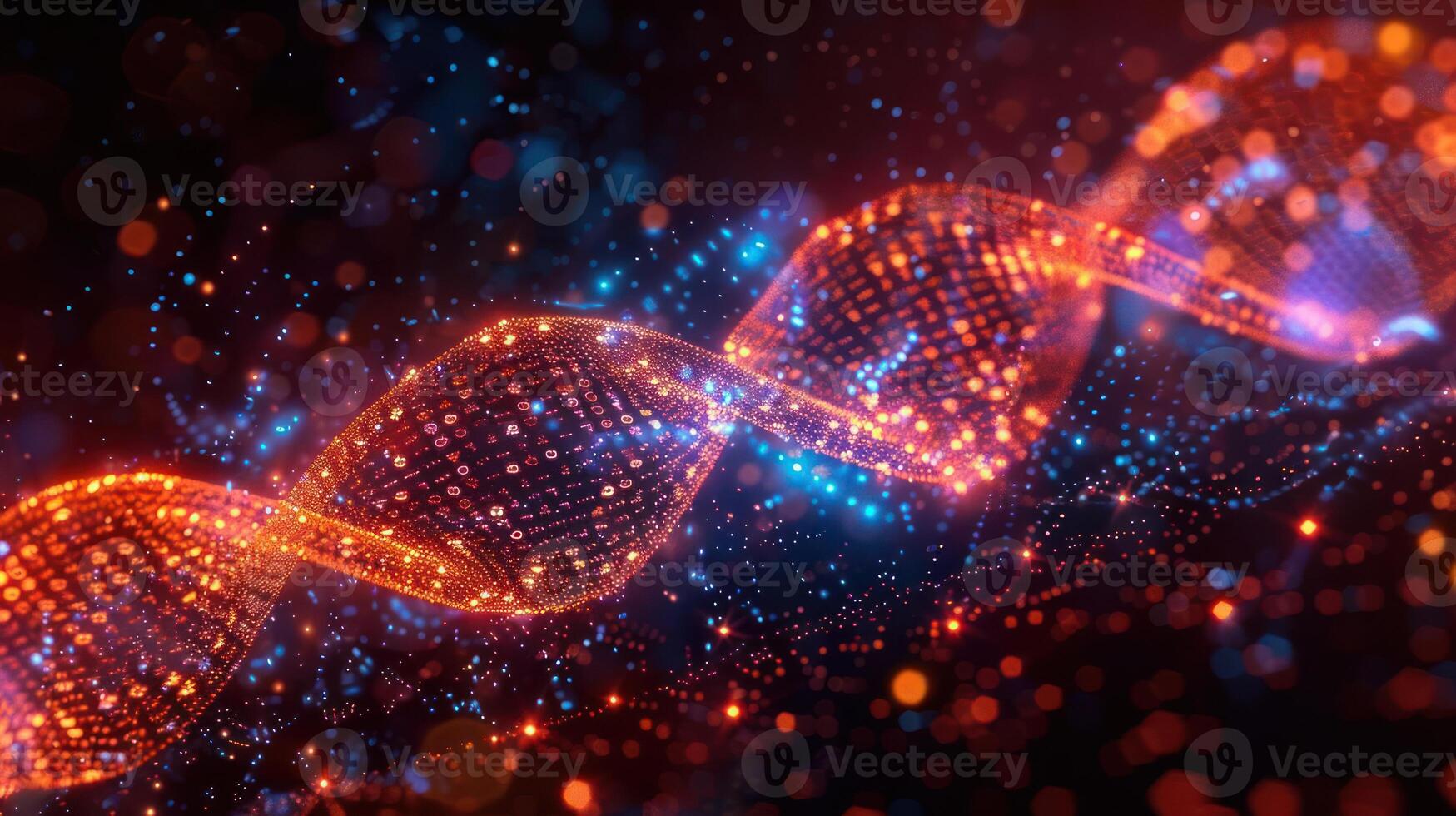 Abstract representation of a glowing DNA helix with vibrant colors and a cosmic background photo