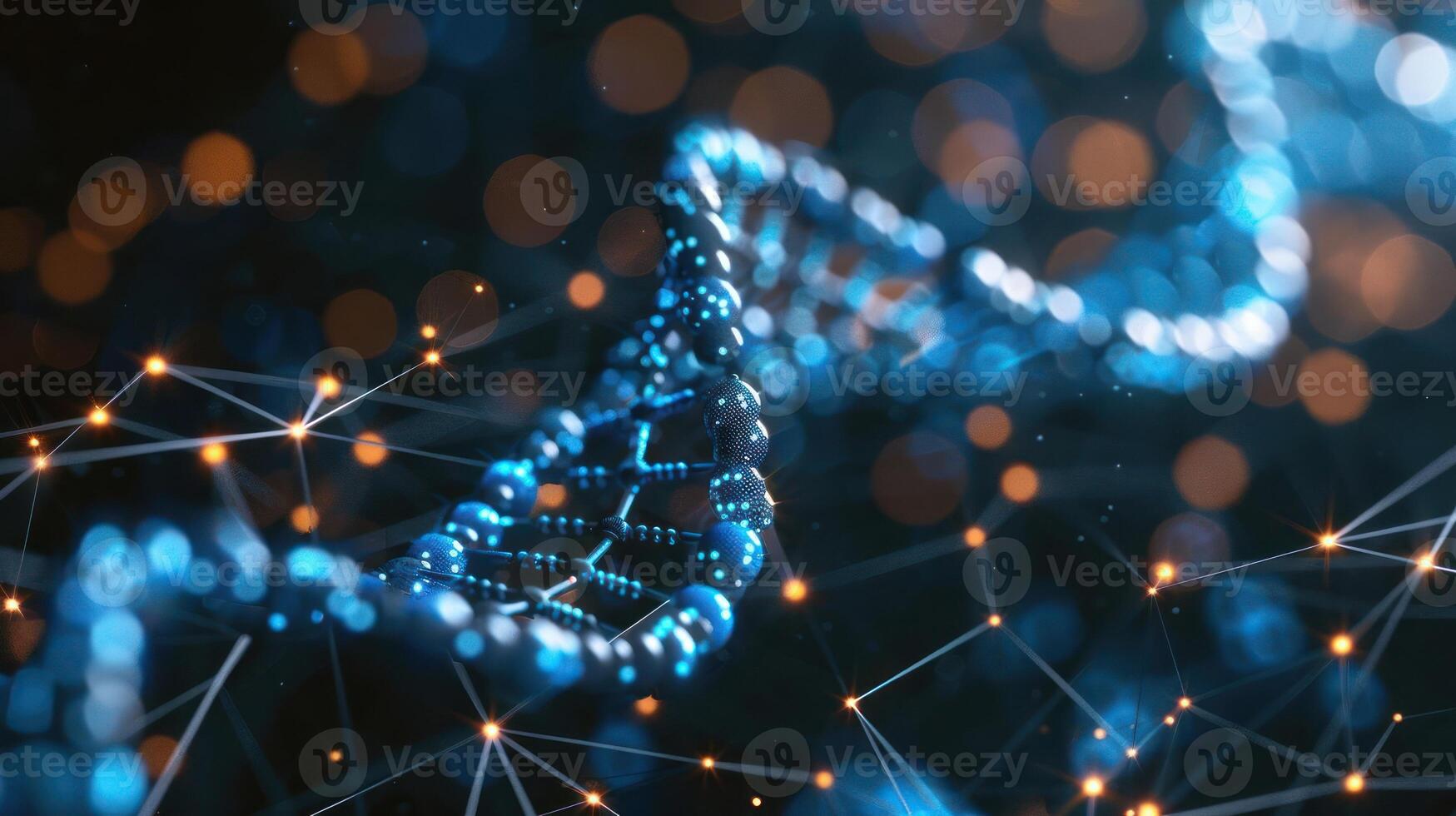 Abstract representation of DNA structure with glowing blue strands and vibrant bokeh background photo