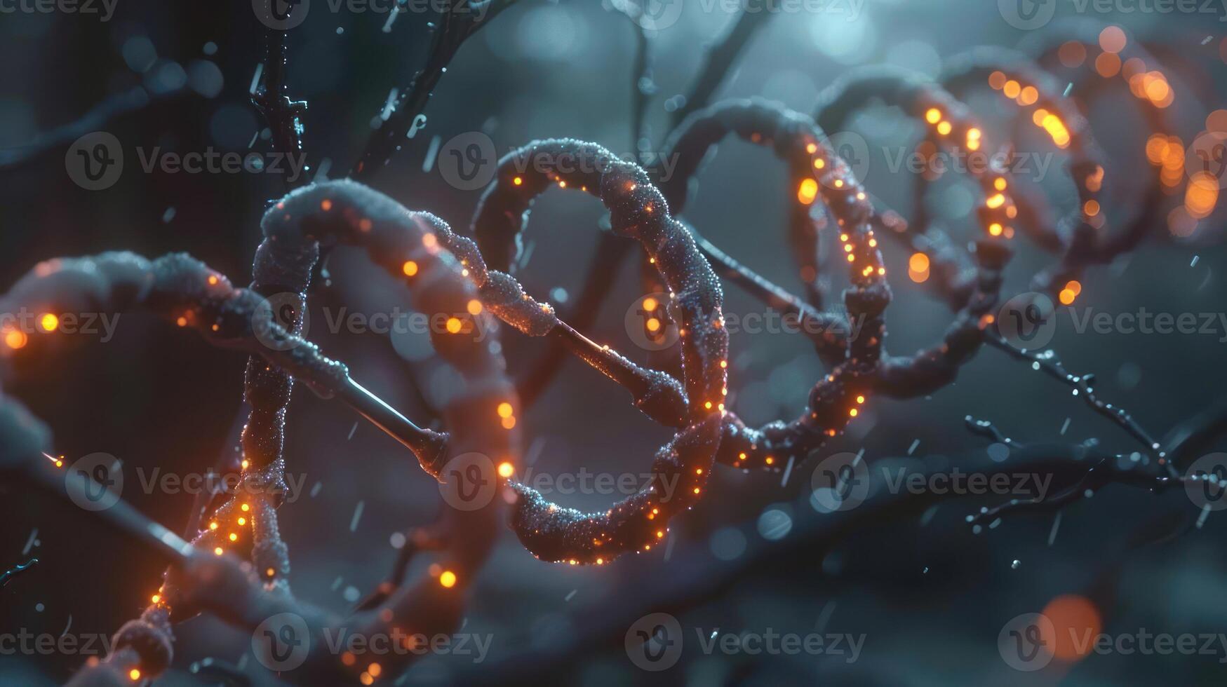 Illuminated spiral structure with glowing elements amidst a rainy, blurred forest background photo
