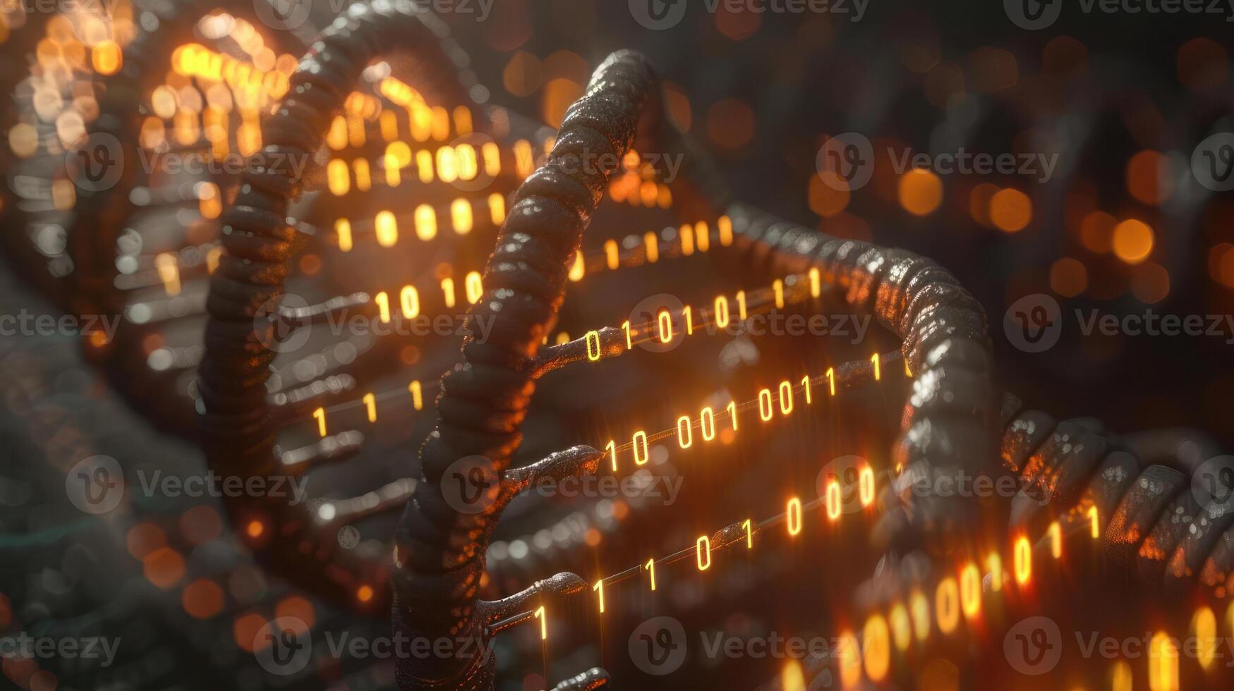 Abstract representation of digital data flowing through a DNA-like structure in a futuristic setting photo