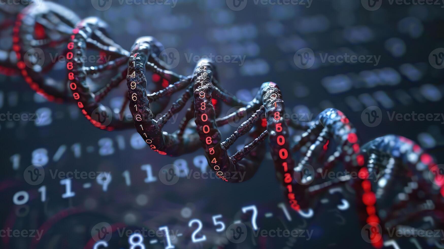 Intricate DNA Helix Surrounded by Binary Code, Representing Genetic Data and Technology photo