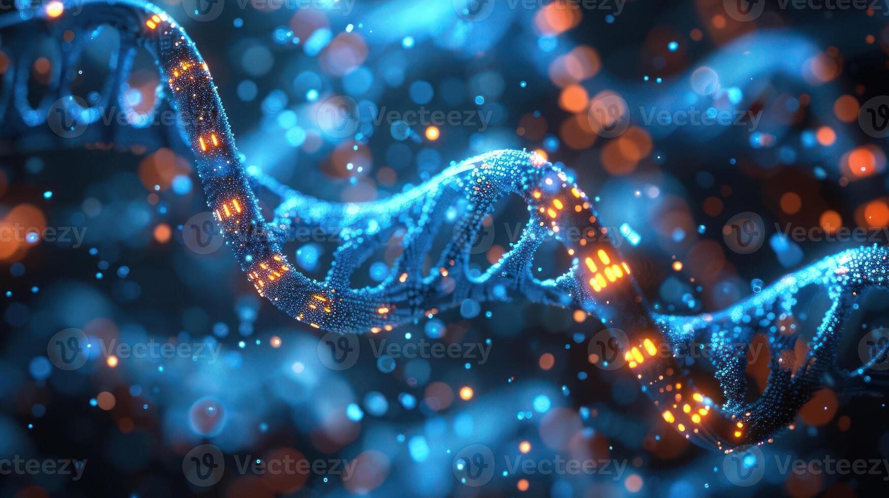 Abstract representation of DNA strands illuminated by vibrant blue and orange lights, showcasing a dynamic background photo