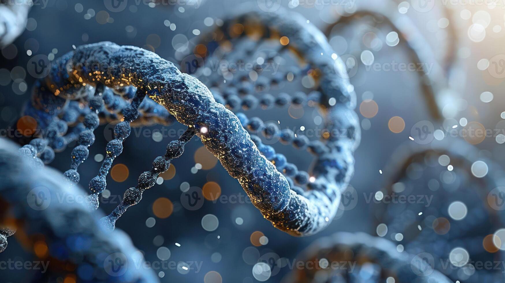 Close-up view of a DNA double helix structure with glowing particles in a scientific background photo