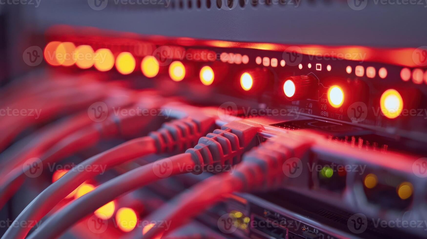 Close-up of illuminated server connections showcasing active network cables in a data center photo