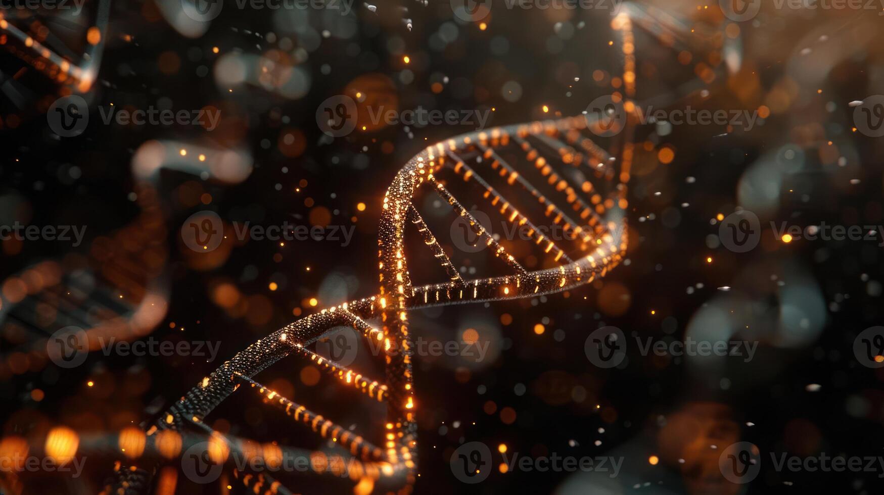 Intricate close-up of a glowing DNA double helix against a dark, sparkling background photo