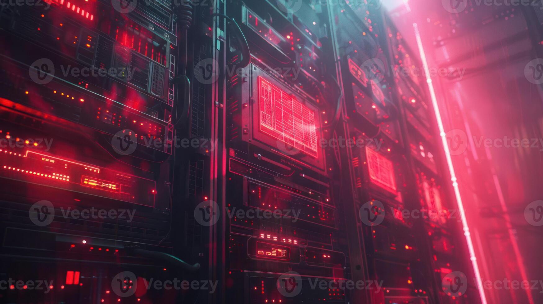 Futuristic data center with glowing servers and neon lights, showcasing advanced technology photo