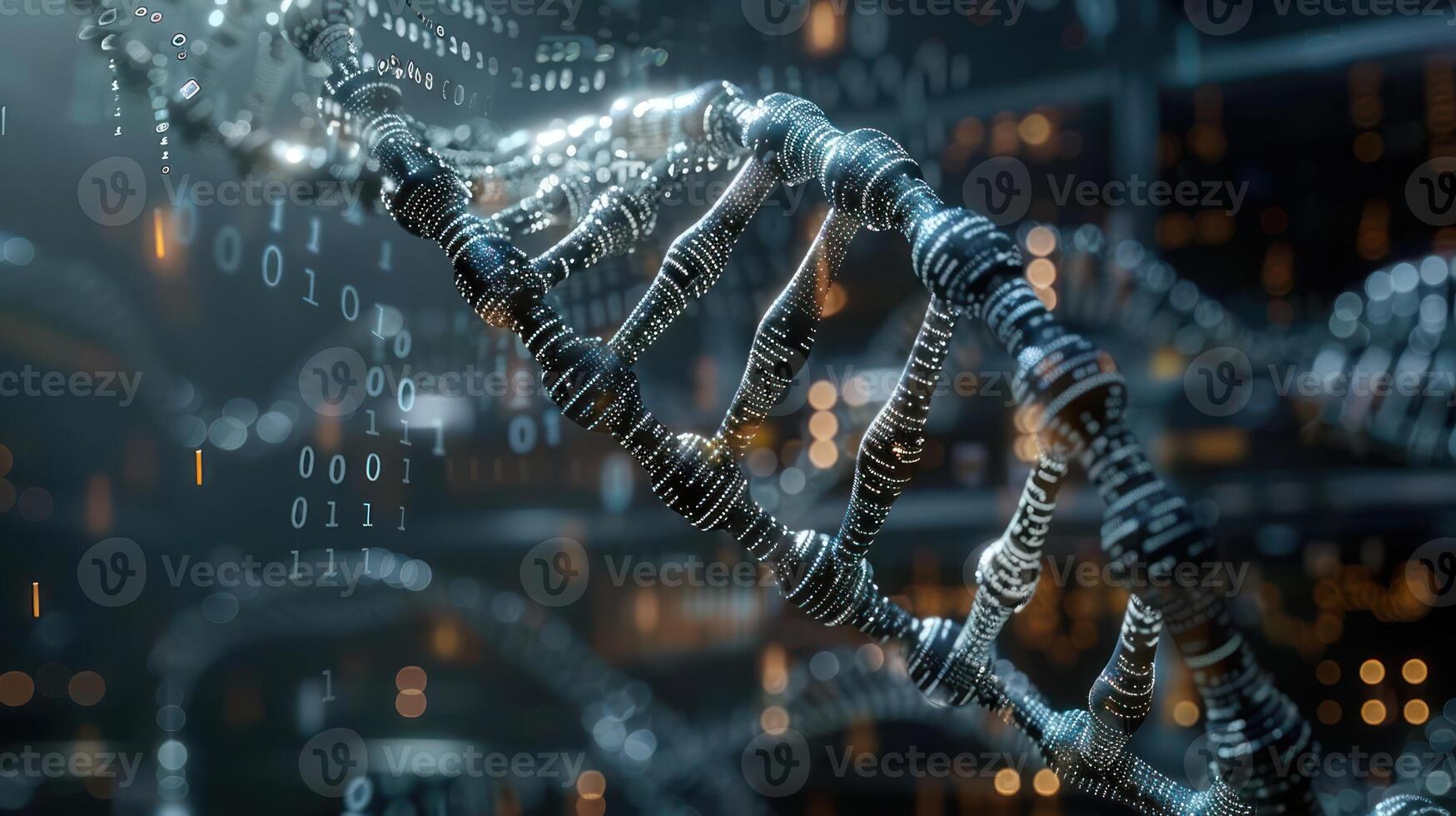 Futuristic representation of DNA structure with binary code in a high-tech environment photo