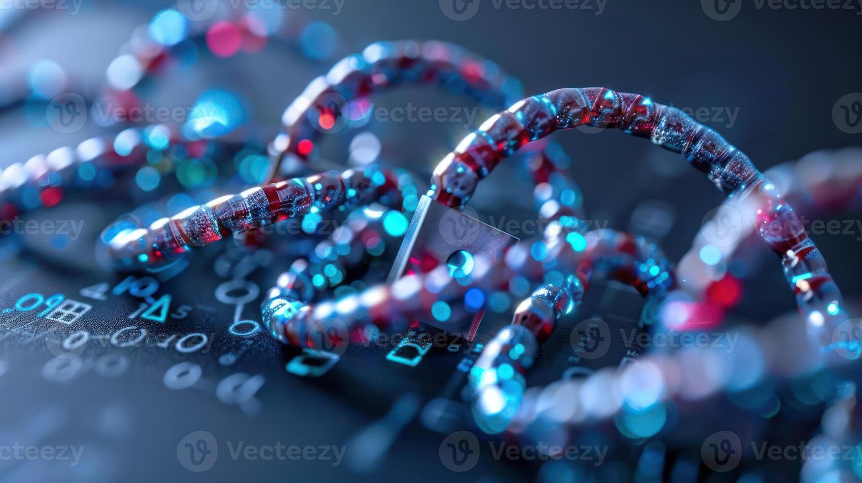 Colorful digital locks intertwined on a circuit board, symbolizing data security and technology photo