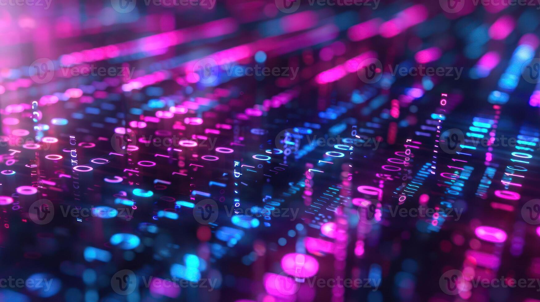Abstract digital background with vibrant binary code patterns in pink and blue hues photo