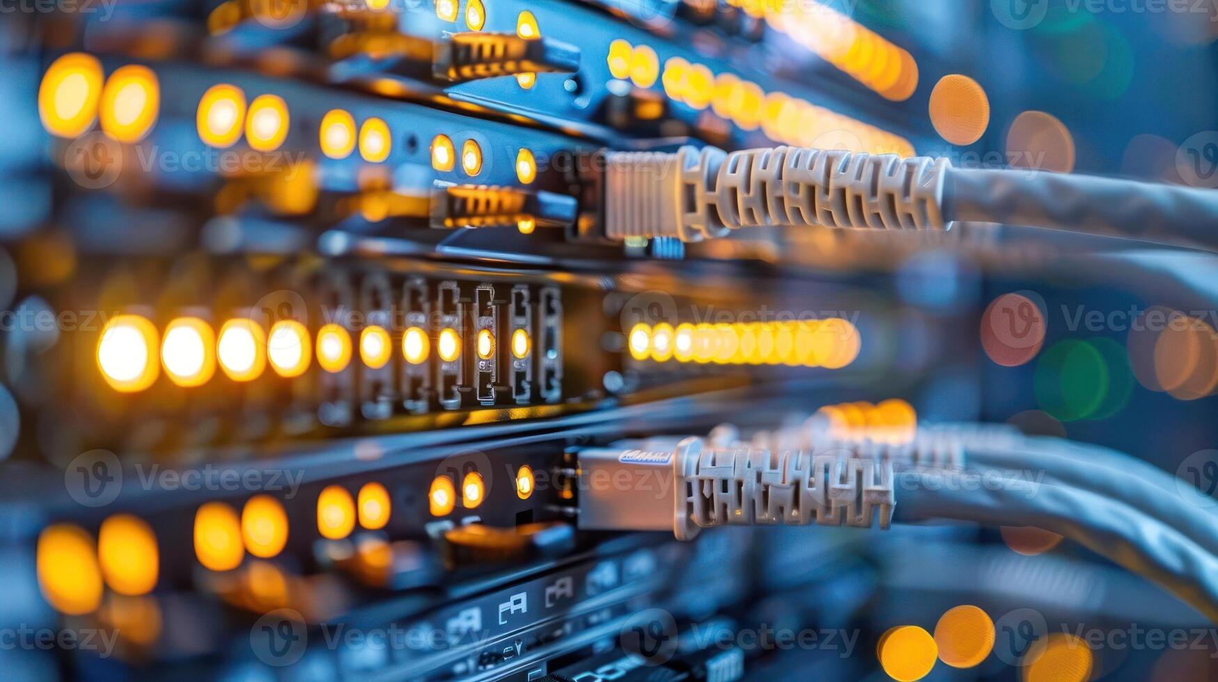 Close-up of illuminated server connections in a data center with blurred background lights photo