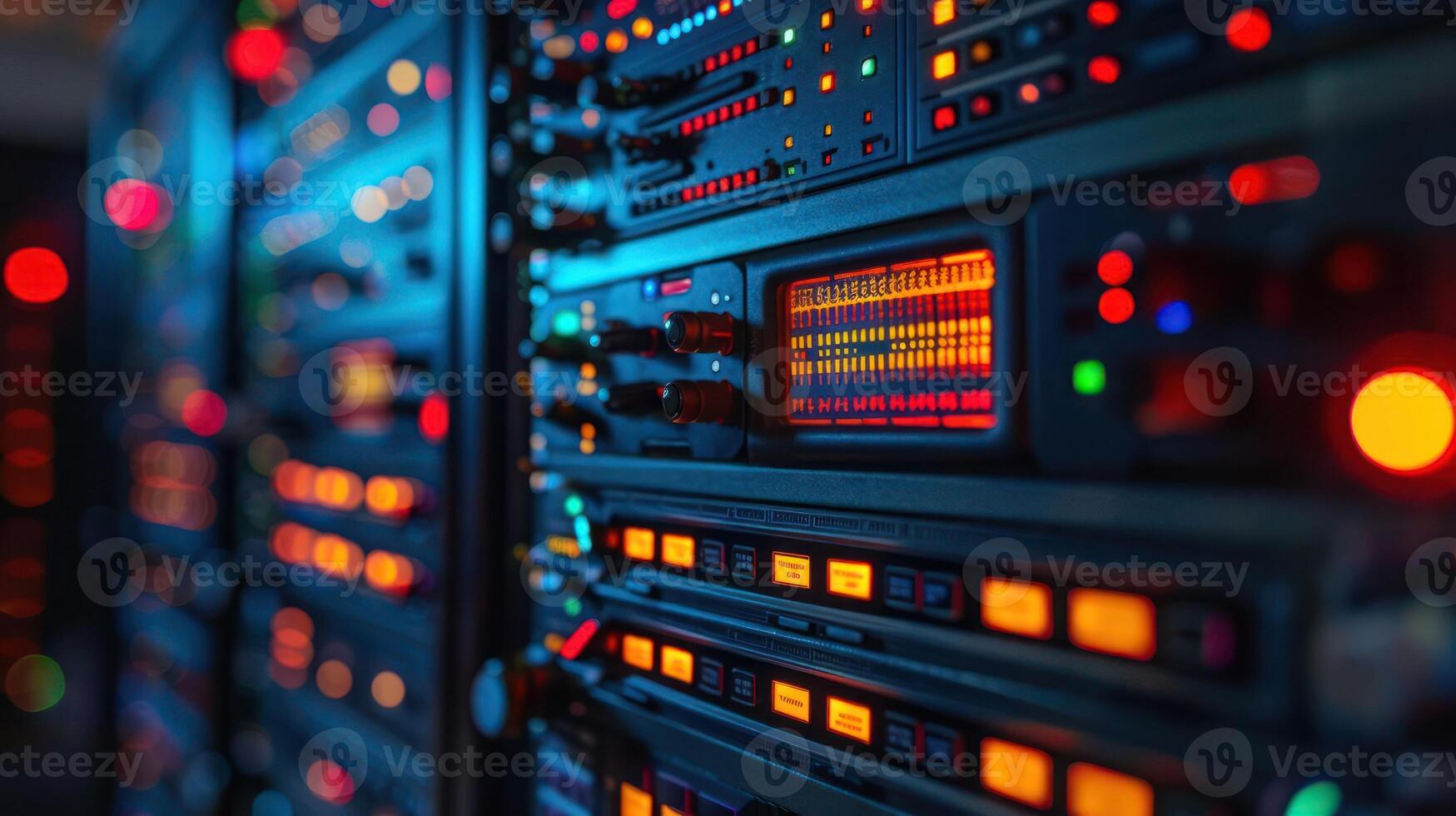 Close-up view of illuminated server racks in a data center, showcasing technology in use photo