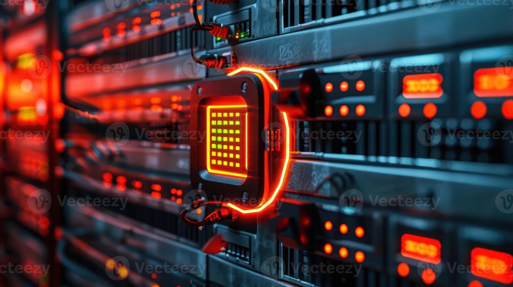 Close-up of a glowing server component in a data center with illuminated wires and circuits photo