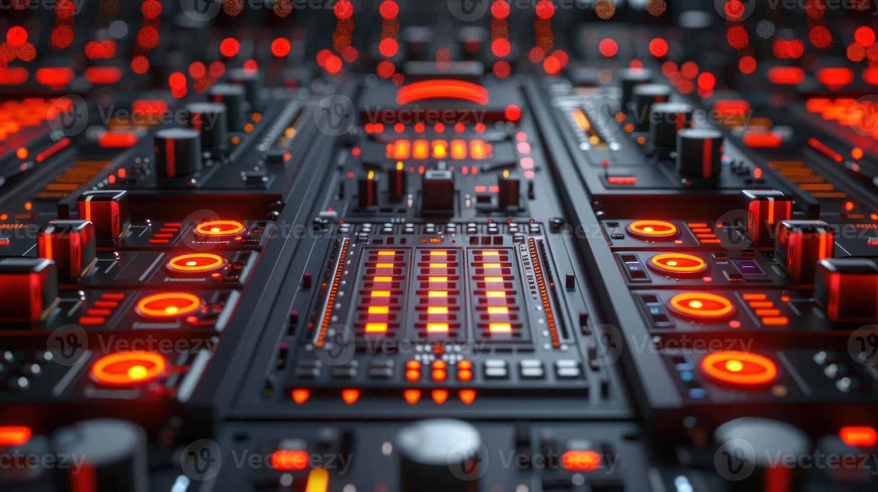 Close-up view of a futuristic control panel with illuminated buttons and knobs in a dark environment photo