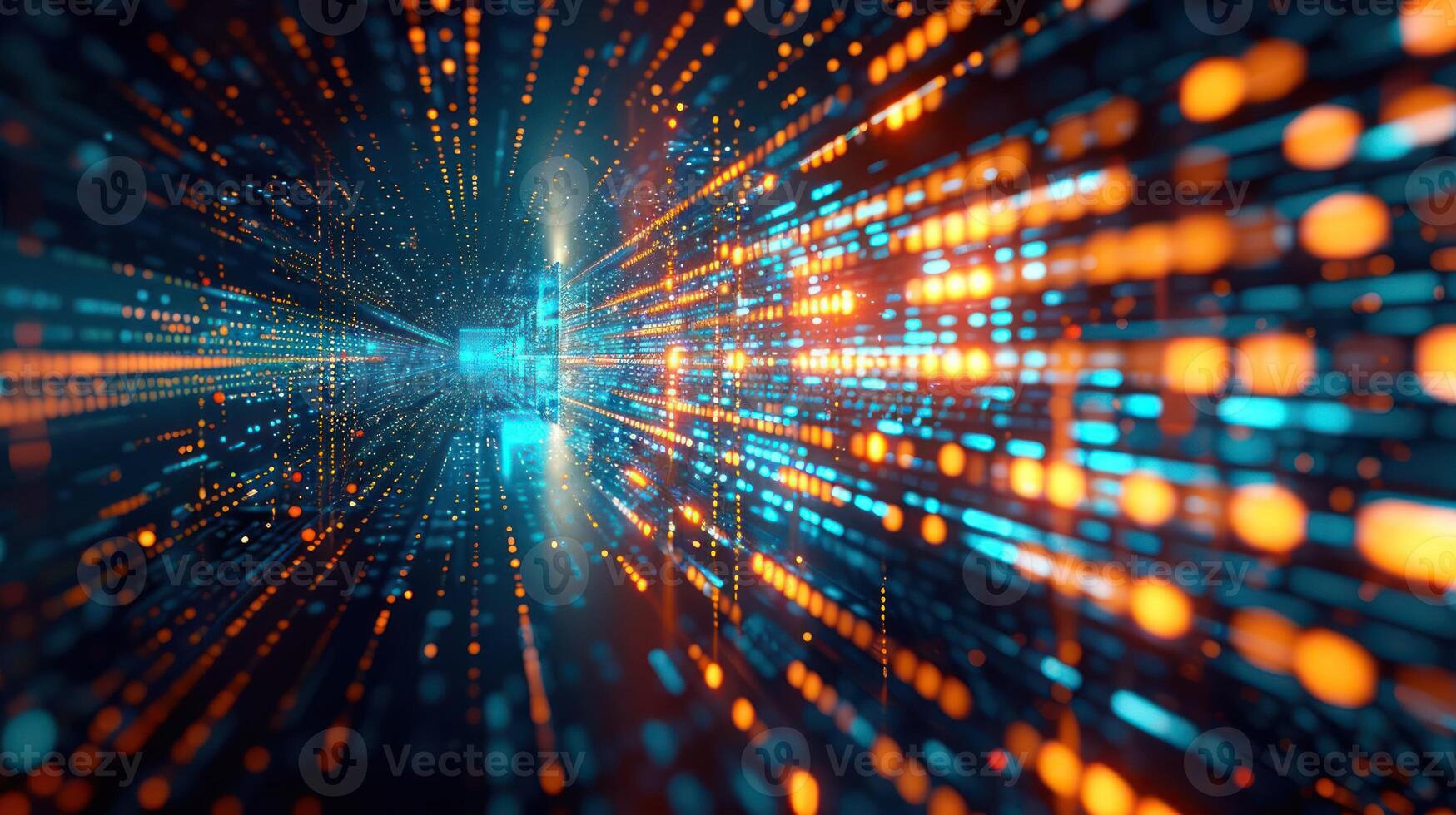 Abstract digital data stream with vibrant blue and orange lights in a futuristic environment photo