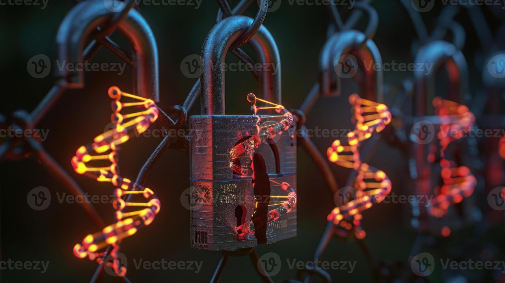 Close-up of padlocks on a fence illuminated by glowing DNA strands, symbolizing security and science photo