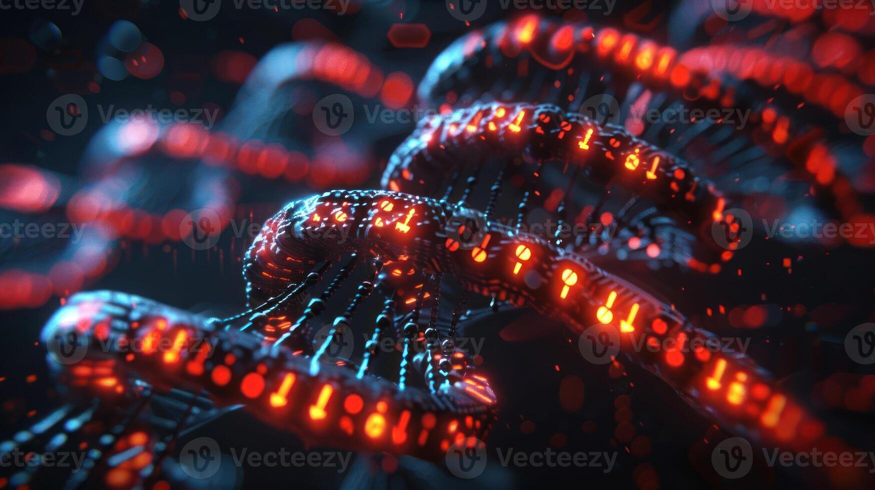 Abstract visualization of digital DNA strands illuminated with red and blue lights in a dark background photo