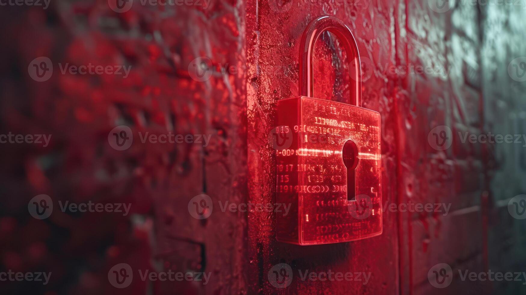 A close-up of a red padlock on a wet, textured wall, suggesting security and mystery photo