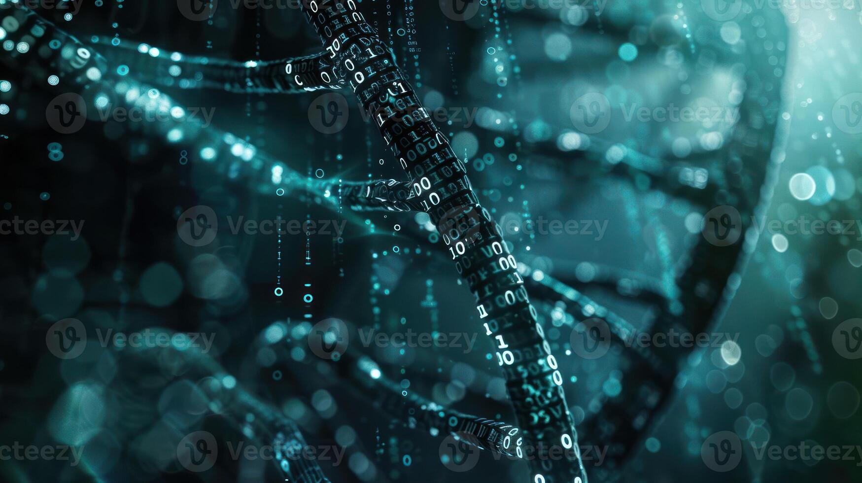 Abstract representation of DNA structure with binary code and digital elements in a dark background photo