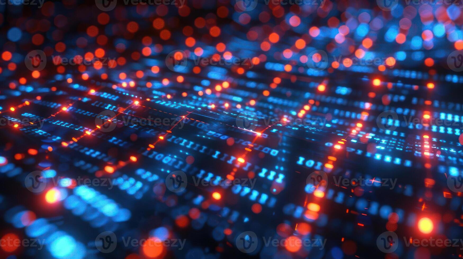 Abstract digital background with glowing red and blue data points creating a vibrant matrix effect photo