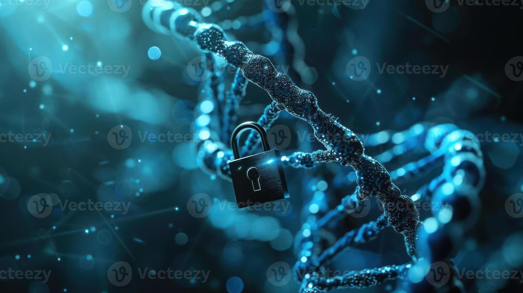 Digital representation of DNA strand with a padlock symbolizing genetic security and privacy photo