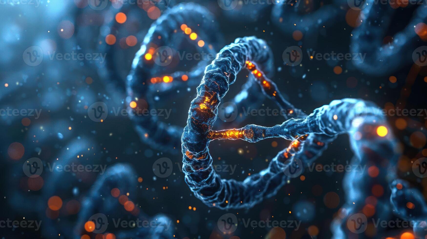 Close-up view of DNA strands illuminated with glowing particles, showcasing molecular structure in a scientific background photo