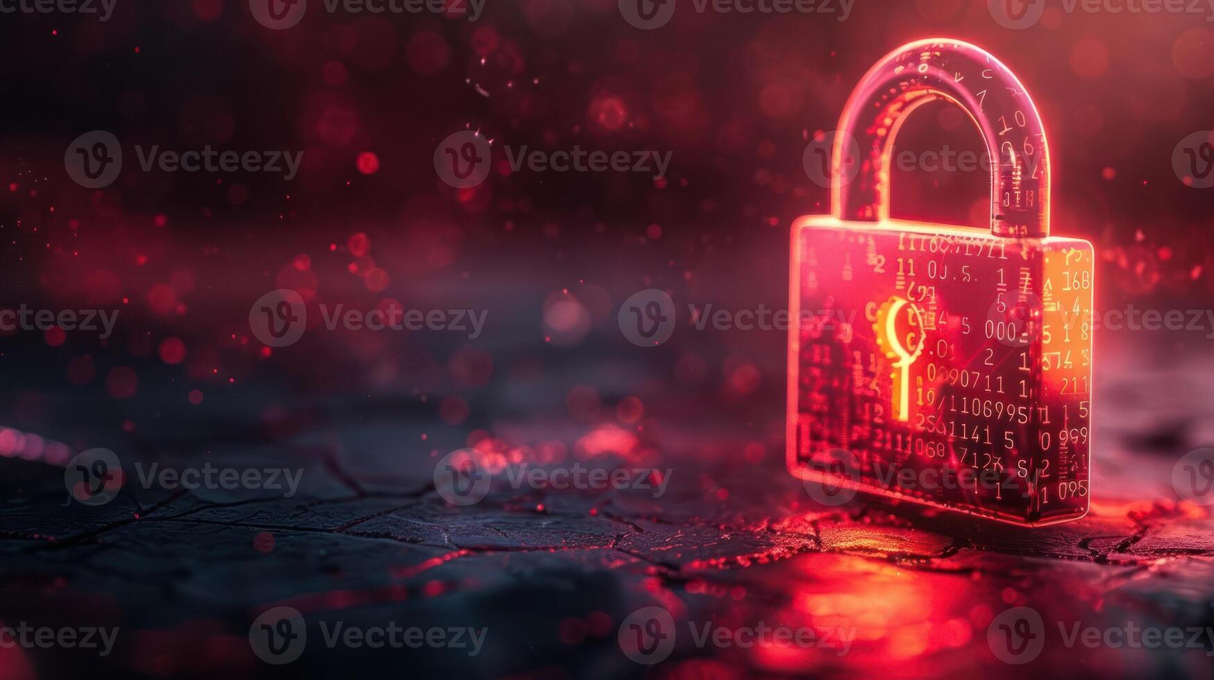 Glowing digital padlock on cracked surface with red bokeh background, symbolizing security photo